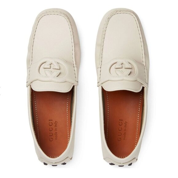 GUCCI SHOES MENS LOAFERS MOCCASINS G LOGO WHITE LEATHER sz 7.5G 8 - Picture 3 of 14